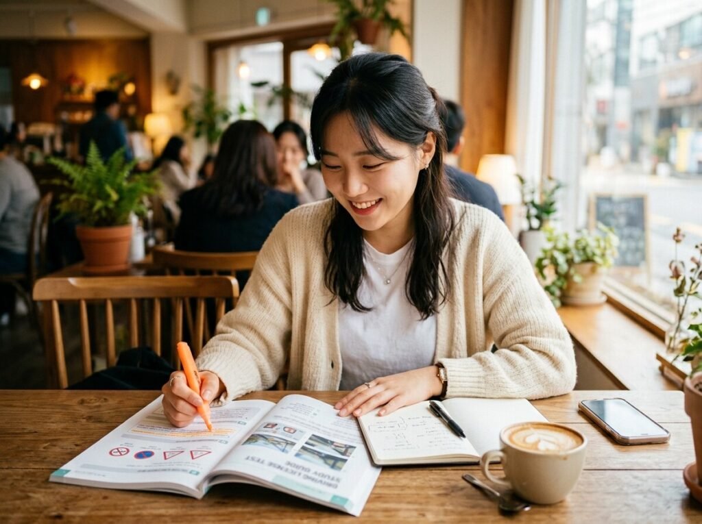 운전면허 시험 합격을 준비하는 수험생이 문제집을 풀고 있는 모습